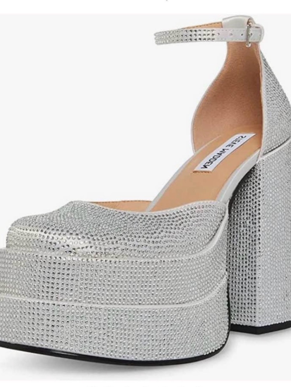 Steve Madden Silver Crystal-Embellished Platform Ankle-Strap Pumps